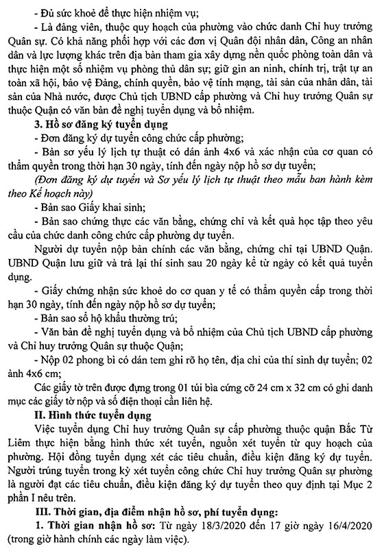 UBND Quận Bắc Từ Liêm, Hà Nội tuyển dụng công chức Chỉ huy trưởng Quân sự phường năm 2020