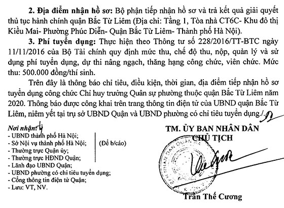 UBND Quận Bắc Từ Liêm, Hà Nội tuyển dụng công chức Chỉ huy trưởng Quân sự phường năm 2020