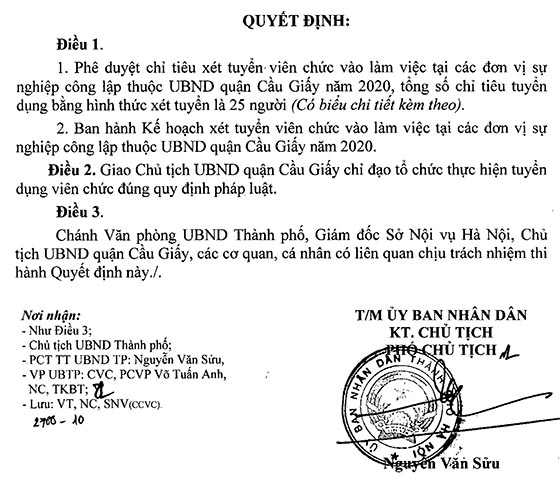 UBND quận Cầu Giấy, TP.Hà Nội tuyển dụng viên chức năm 2020