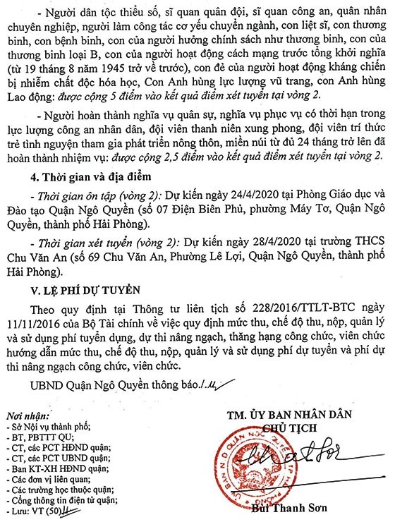 UBND quận Ngô Quyền, TP.Hải Phòng tuyển dụng viên chức giáo viên năm 2020