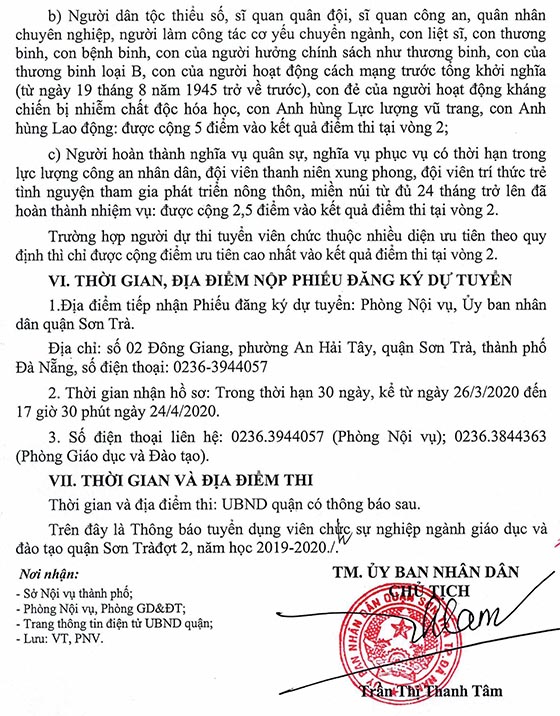 UBND quận Sơn Trà, TP.Đà Nẵng tuyển dụng giáo viên đợt 2 năm học 2019-2020