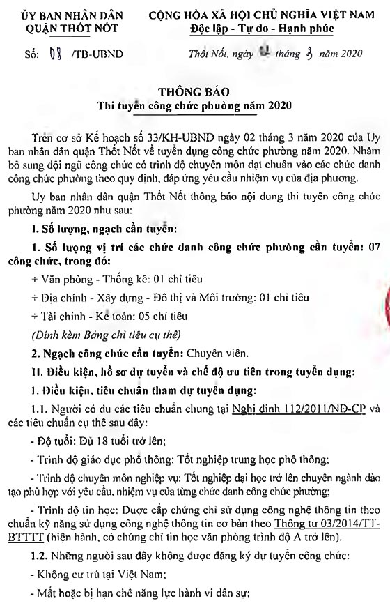 UBND quận Thốt Nốt, Cần Thơ tuyển dụng công chức phường năm 2020