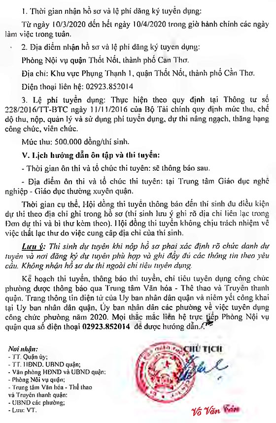 UBND quận Thốt Nốt, Cần Thơ tuyển dụng công chức phường năm 2020