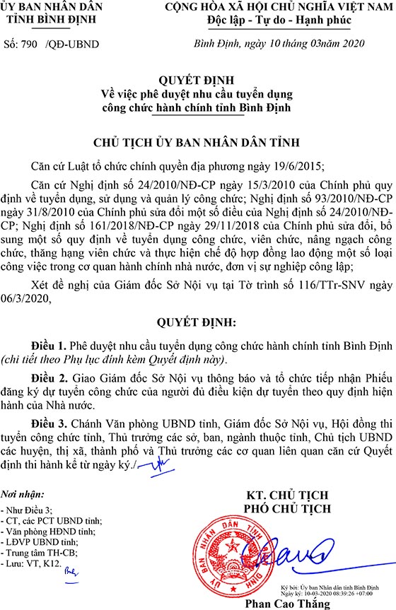 UBND tỉnh Bình Định thông báo tuyển dụng công chức hành chính tỉnh năm 2020