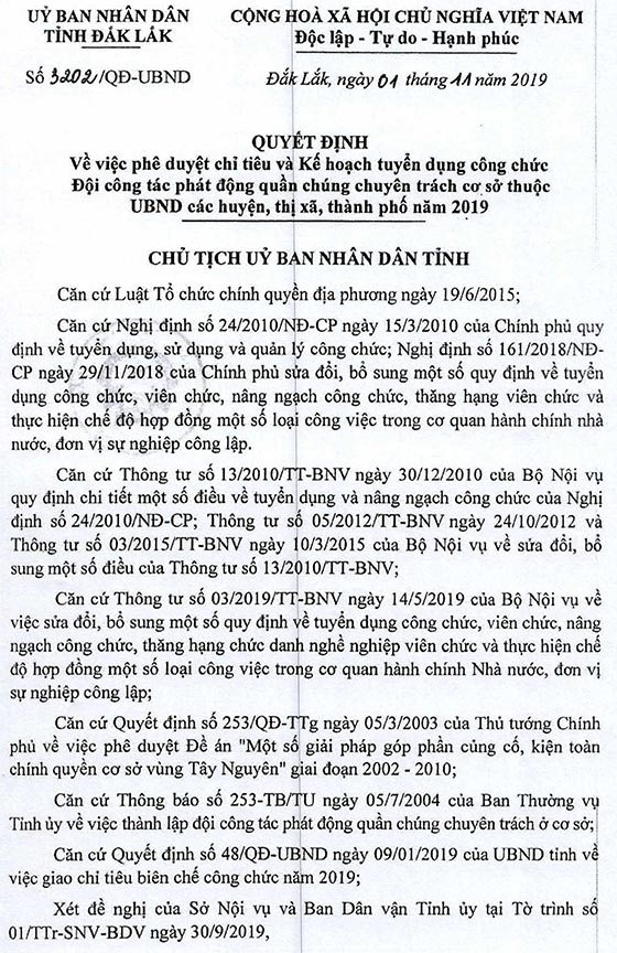 UBND tỉnh Đắk Lắk tuyển dụng công chức Đội công tác phát động quần chúng chuyên trách cơ sở năm 2020