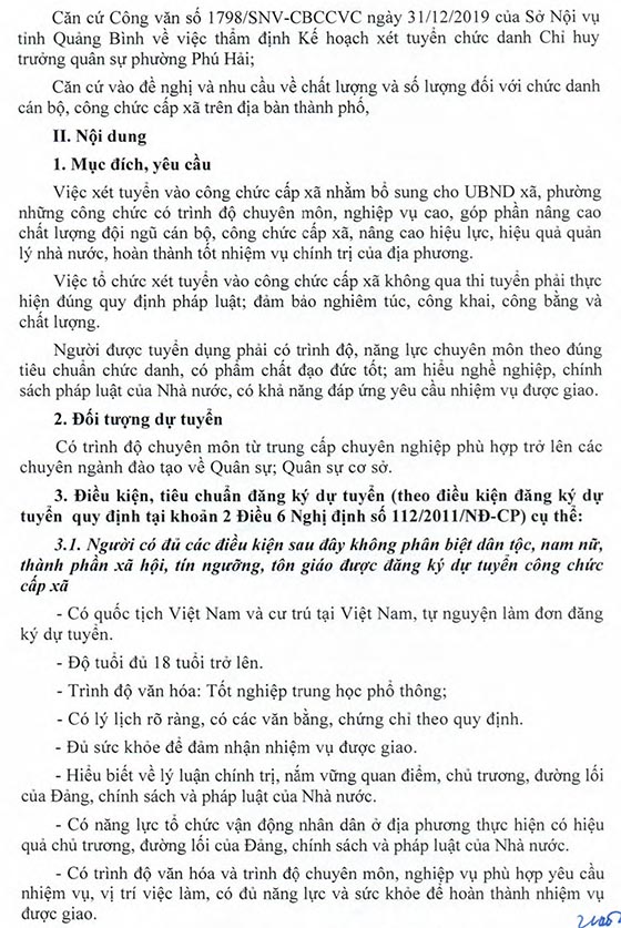 UBND TP.Đồng Hới, Quảng Bình tuyển dụng Chỉ huy Trưởng quân sự phường Phú Hải năm 2020