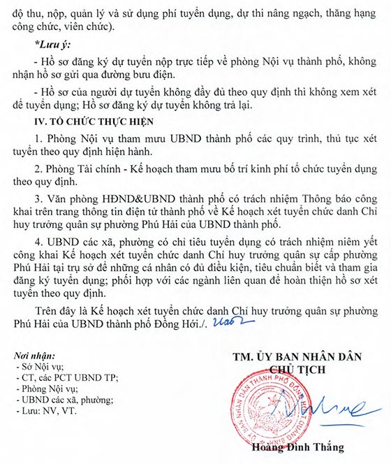 UBND TP.Đồng Hới, Quảng Bình tuyển dụng Chỉ huy Trưởng quân sự phường Phú Hải năm 2020
