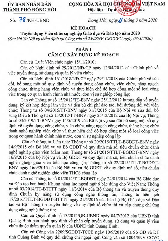 UBND TP.Đồng Hới Quảng Bình tuyển dụng giáo viên năm 2020