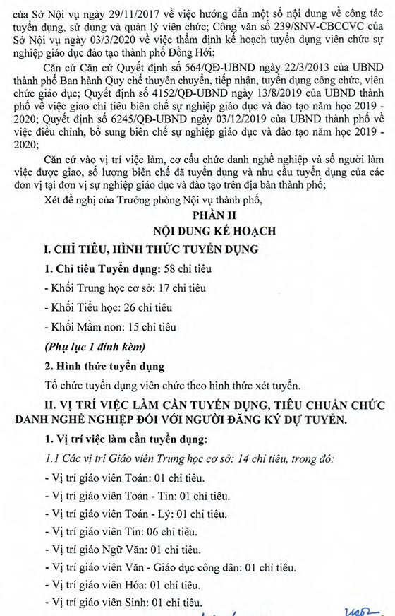 UBND TP.Đồng Hới Quảng Bình tuyển dụng giáo viên năm 2020