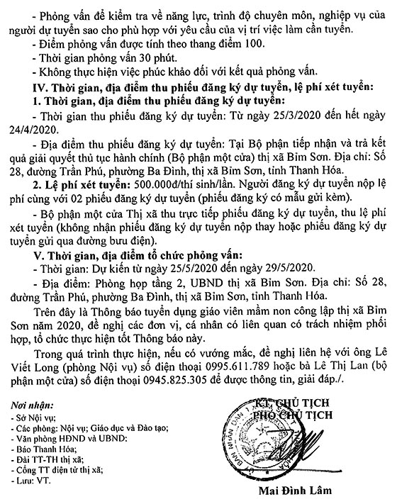 UBND TX.Bỉm Sơn, Thanh Hóa tuyển dụng giáo viên mầm non năm 2020