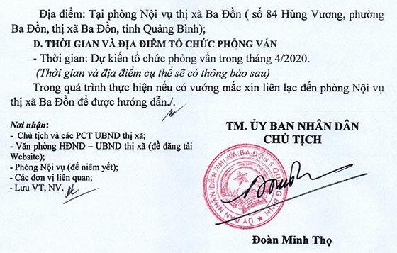 UBND TX.Vân Đồn, Quảng Bình tuyển dụng viên chức giáo dục năm 2020