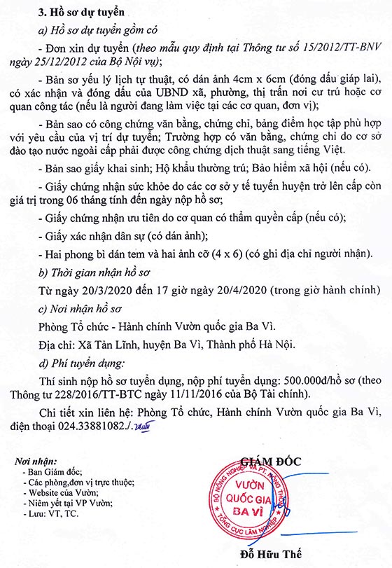 Vườn quốc gia Ba Vì, TP.Hà Nội tuyển dụng viên chức năm 2020
