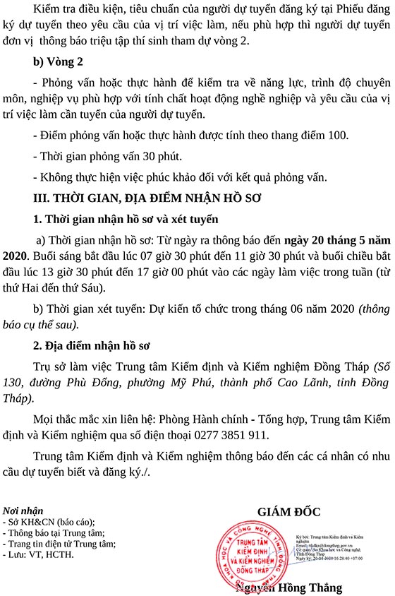 Trung tâm Kiểm định và Kiểm nghiệm Đồng Tháp tuyển dụng viên chức năm 2020