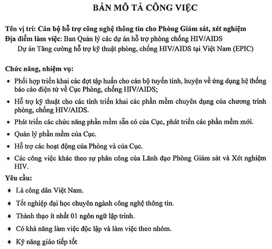 Ban Quản lý các dự án hỗ trợ phòng chống HIV/AIDS thông báo tuyển dụng 
