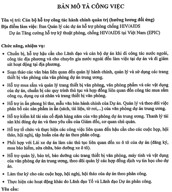 Ban Quản lý các dự án hỗ trợ phòng chống HIV/AIDS thông báo tuyển dụng 