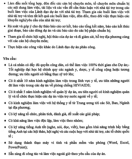 Ban Quản lý các dự án hỗ trợ phòng chống HIV/AIDS thông báo tuyển dụng