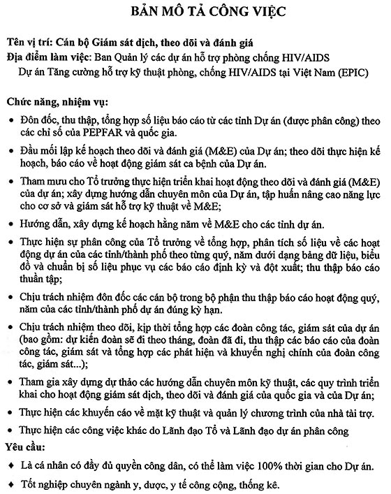 Ban Quản lý các dự án hỗ trợ phòng chống HIV/AIDS thông báo tuyển dụng 
