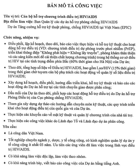 Ban Quản lý các dự án hỗ trợ phòng chống HIV/AIDS thông báo tuyển dụng 