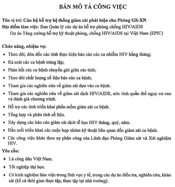 Ban Quản lý các dự án hỗ trợ phòng chống HIV/AIDS thông báo tuyển dụng 
