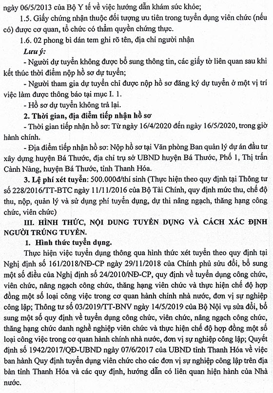 Ban quản lý dự án đầu tư xây dựng Bá Thước, Thanh Hóa xét tuyển viên chức năm 2020