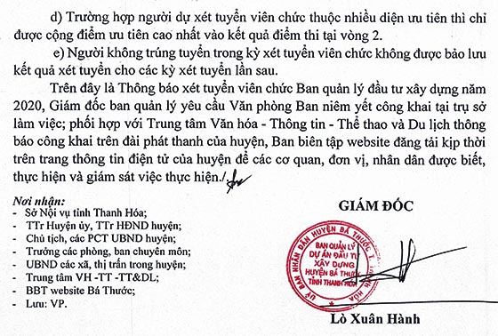 Ban quản lý dự án đầu tư xây dựng Bá Thước, Thanh Hóa xét tuyển viên chức năm 2020