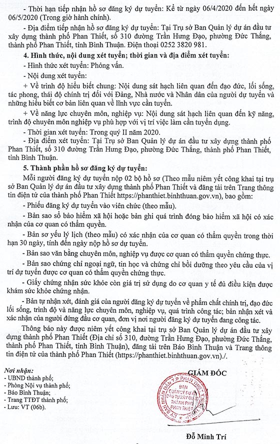 Ban Quản lý dự án đầu tư xây dựng TP.Phan Thiết, Bình Thuận tuyển dụng viên chức năm 2020