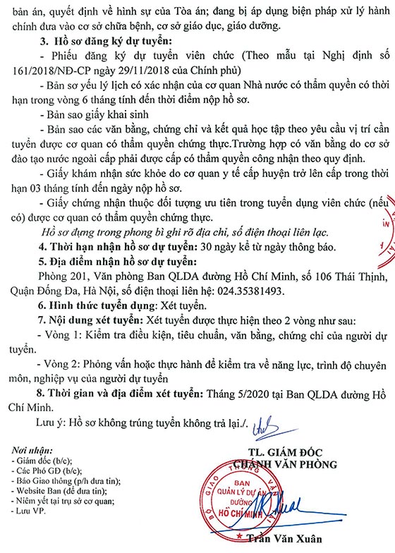 Ban quản lý dự án đường Hồ Chí Minh tuyển dụng viên chức năm 2020