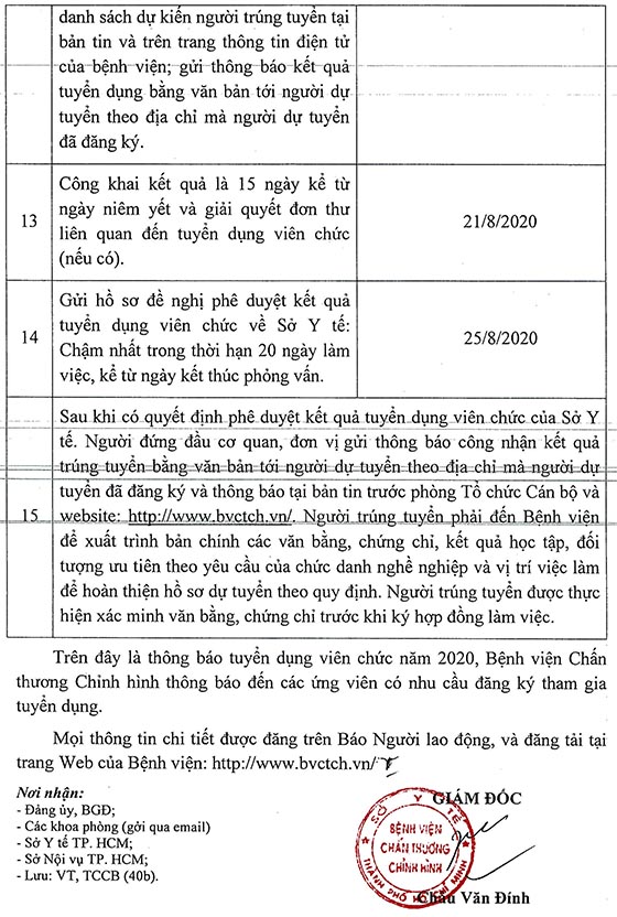 Bệnh viện Chấn thương Chỉnh hình TP.HCM xét tuyển viên chức năm 2020
