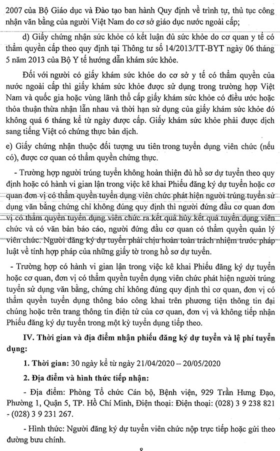 Bệnh viện Chấn thương Chỉnh hình TP.HCM xét tuyển viên chức năm 2020