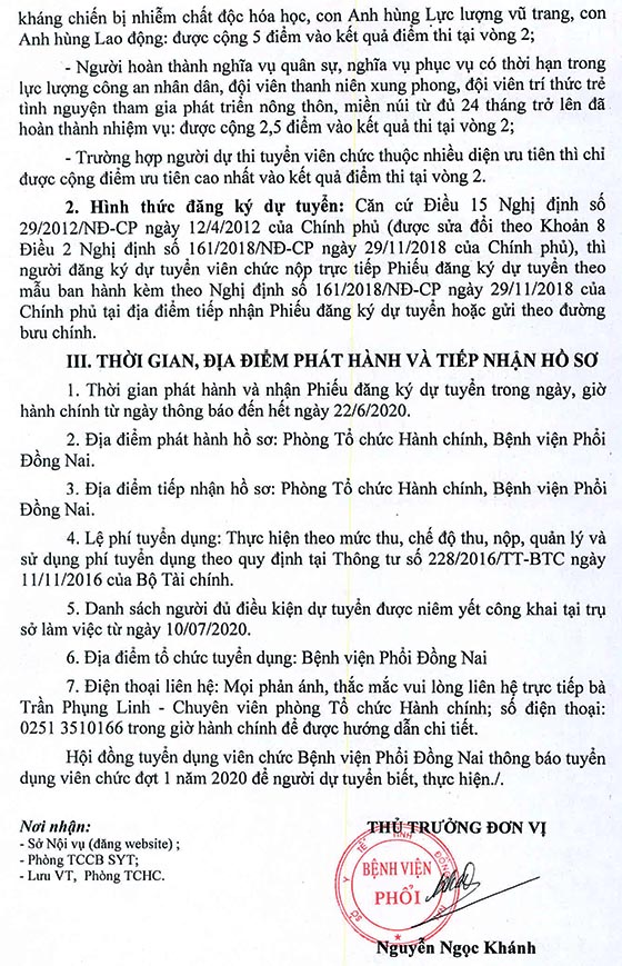 Bệnh viện phổi Đồng Nai tuyển dụng viên chức đợt I năm 2020