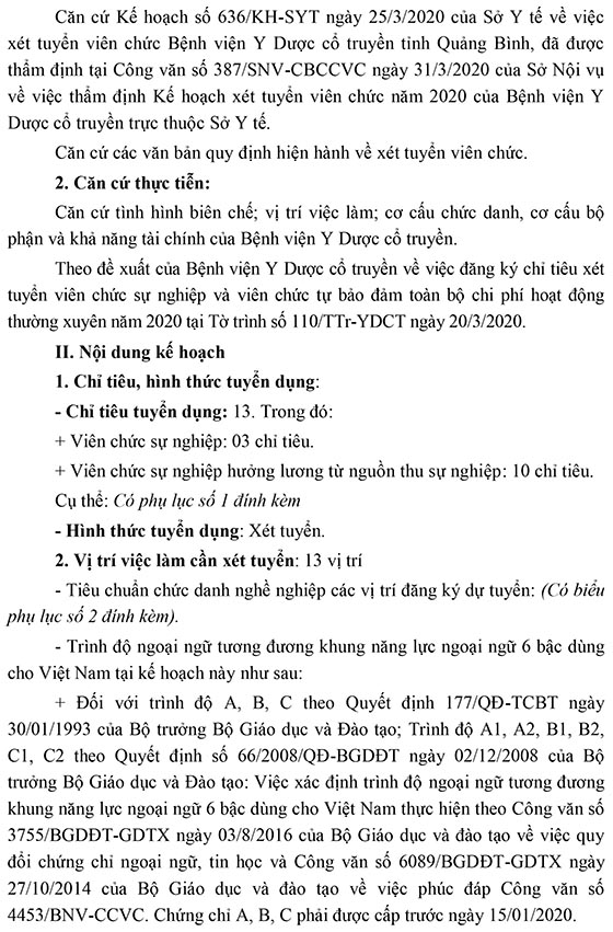 Bệnh viện Y Dược cổ truyền tỉnh Quảng Bình tuyển dụng viên chức năm 2020
