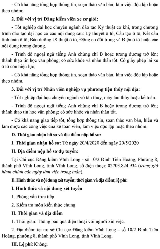Chi cục Đăng kiểm Vĩnh Long tuyển dụng lao động năm 2020