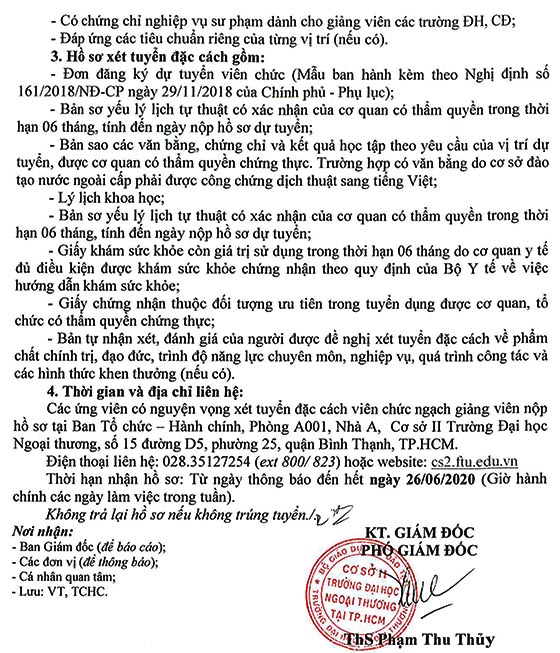 Cơ sở II Trường Đại học Ngoại Thương tại TP.HCM tuyển dụng đặc cách viên chức đợt I năm 2020