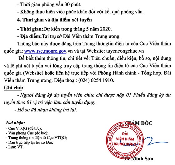 Đài Viễn thám Trung ương tuyển dụng viên chức năm 2020