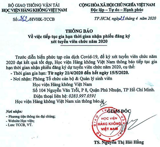 Học viện Hàng không Việt Nam tiếp tục nhận phiếu đăng ký tuyển dụng viên chức năm 2020