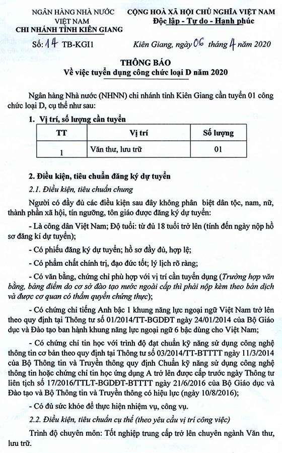 Ngân hàng Nhà nước chi nhánh tỉnh Kiên Giang tuyển dụng công chức loại D năm 2020