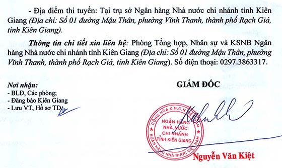Ngân hàng Nhà nước chi nhánh tỉnh Kiên Giang tuyển dụng công chức loại D năm 2020