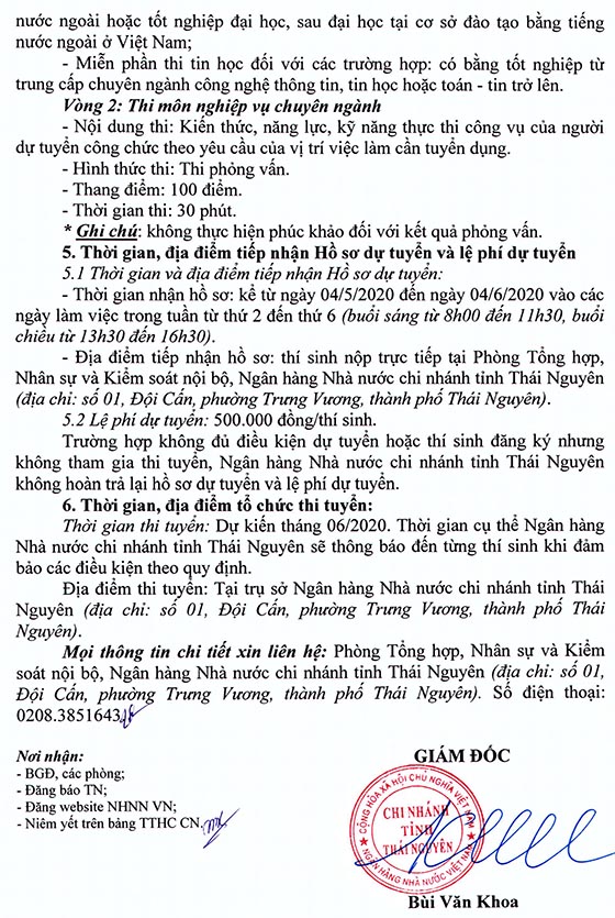 Ngân hàng Nhà nước chi nhánh tỉnh Thái Nguyên tuyển dụng công chức loại D năm 2020