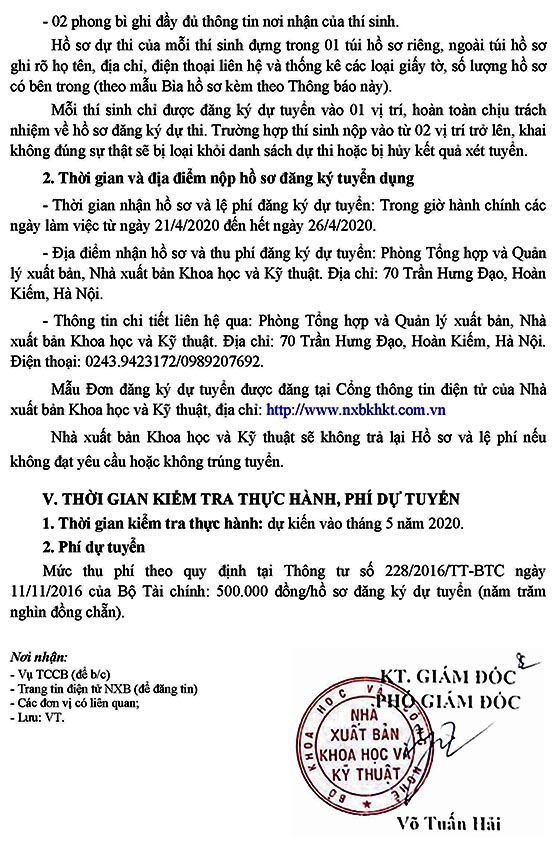 Nhà xuất bản Khoa học và Kỹ thuật - Bộ KH&CN tuyển dụng viên chức năm 2020