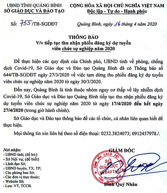 Sở Đào tạo và Giáo dục Quảng Bình tiếp tục nhận phiếu đăng ký tuyển dụng viên chức giáo dục năm 2020