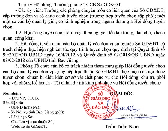 Sở Giáo dục và Đào tạo Bắc Giang tuyển chọn cán bộ quản lý năm 2020