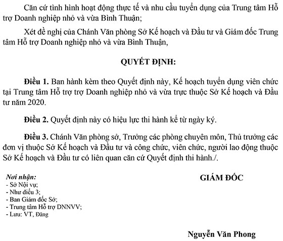 Sở Kế hoạch và Đầu tư tỉnh Bình Thuận thông báo tuyển dụng viên chức năm 2020