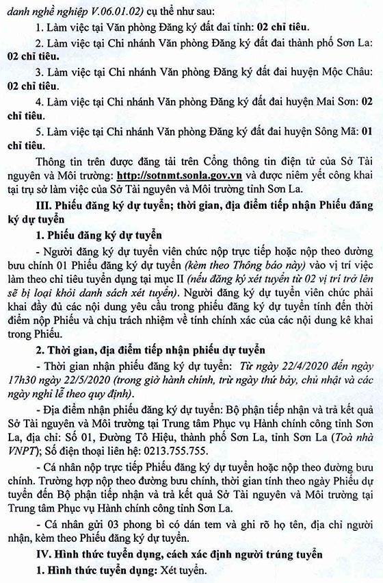 Sở Tài nguyên và Môi trường tỉnh Sơn La tuyển dụng viên chức năm 2020