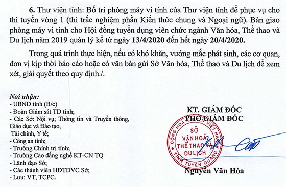 Sở Văn hóa, Thể thao và Du lịch tỉnh Tuyên Quang thi tuyển viên chức năm 2020