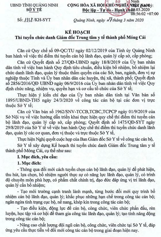 Sở Y tế tỉnh Quảng Ninh thi tuyển chức danh GĐ Trung tâm Y tế TP.Móng Cái năm 2020
