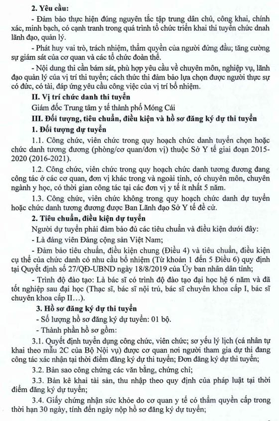 Sở Y tế tỉnh Quảng Ninh thi tuyển chức danh GĐ Trung tâm Y tế TP.Móng Cái năm 2020