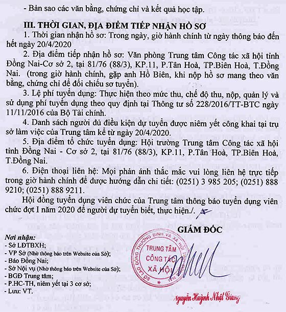 Trung tâm Công tác xã hội tỉnh Đồng Nai tuyển dụng viên chức đợt I năm 2020