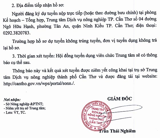 Trung tâm Dịch vụ nông nghiệp TP.Cần Thơ tuyển dụng viên chức năm 2020