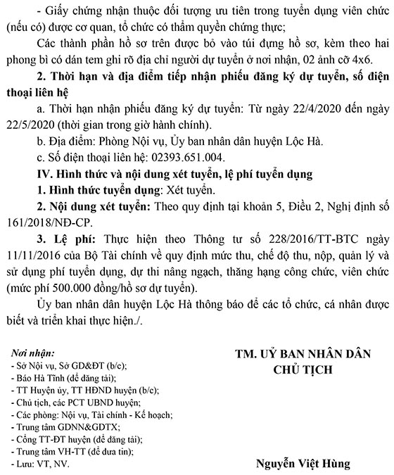 Trung tâm GDNN&GDTX huyện Lộc Hà, Hà Tĩnh tuyển dụng viên chức năm 2020
