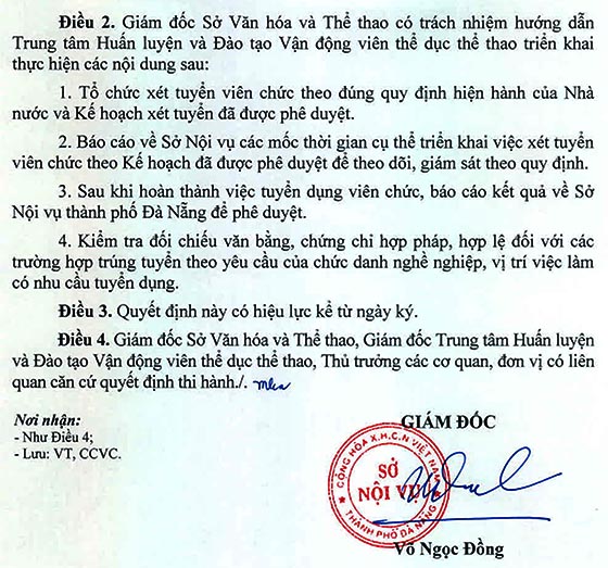 Trung tâm Huấn luyện và Đào tạo Vận động viên Thể dục thể thao TP.Đà Nẵng tuyển dụng viên chức năm 2020